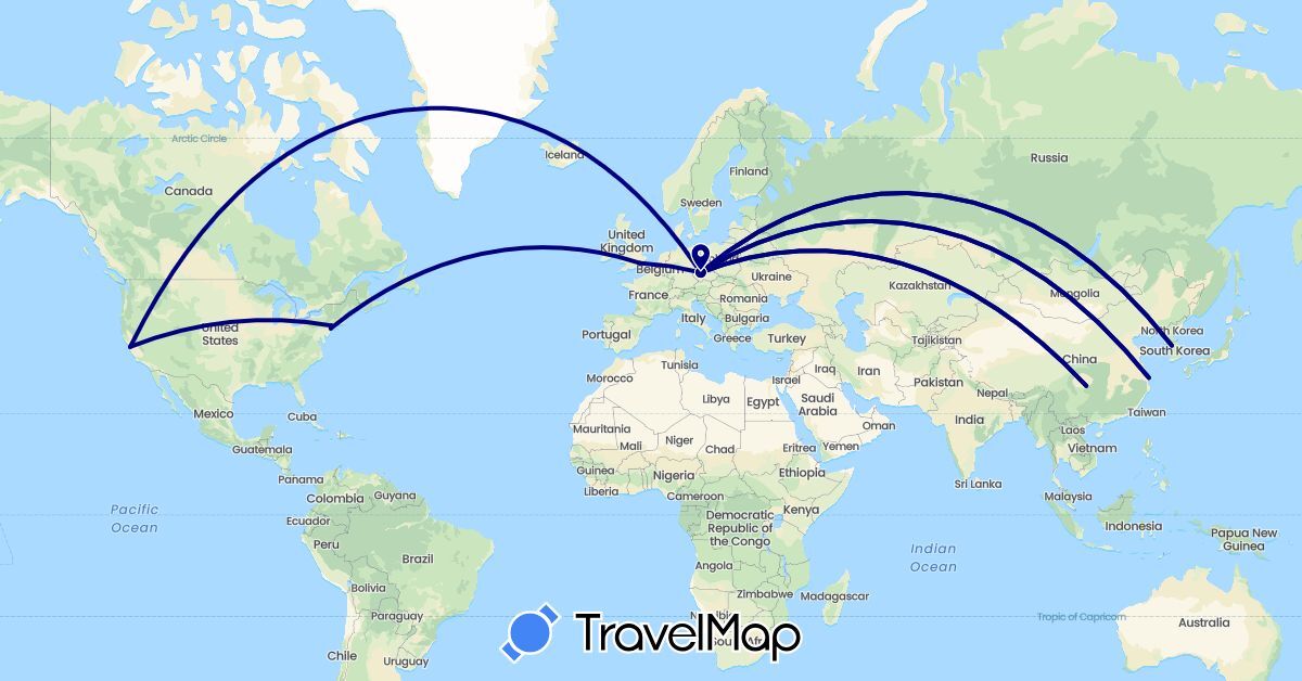 TravelMap itinerary: driving in China, Czech Republic, Germany, United Kingdom, South Korea, United States (Asia, Europe, North America)